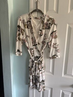 Floral Wrap Robe - White with Green & Pink Print